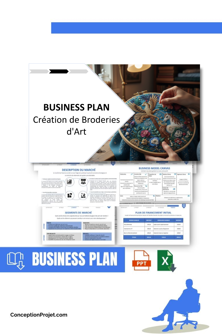 Pack Business Plan pour Création de Broderies d'Art - Modèle de business plan professionnel pour Création de Broderies d'Art, spécialement conçu pour les entrepreneurs, incluant un prévisionnel financier 100% automatisé, une stratégie marketing intégrée, ainsi qu’une analyse complète (SWOT, Business Model Canvas, étude de marché et analyse des risques). Ce document au design moderne et entièrement personnalisable sous Word est structuré pour répondre aux exigences des banques et des investisseurs, tout en permettant un gain de temps considérable grâce à son contenu pré-rédigé.
