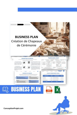 Pack Business Plan pour Création de Chapeaux de Cérémonie - Modèle de business plan professionnel pour Création de Chapeaux de Cérémonie, spécialement conçu pour les entrepreneurs, incluant un prévisionnel financier 100% automatisé, une stratégie marketing intégrée, ainsi qu’une analyse complète (SWOT, Business Model Canvas, étude de marché et analyse des risques). Ce document au design moderne et entièrement personnalisable sous Word est structuré pour répondre aux exigences des banques et des investisseurs, tout en permettant un gain de temps considérable grâce à son contenu pré-rédigé.