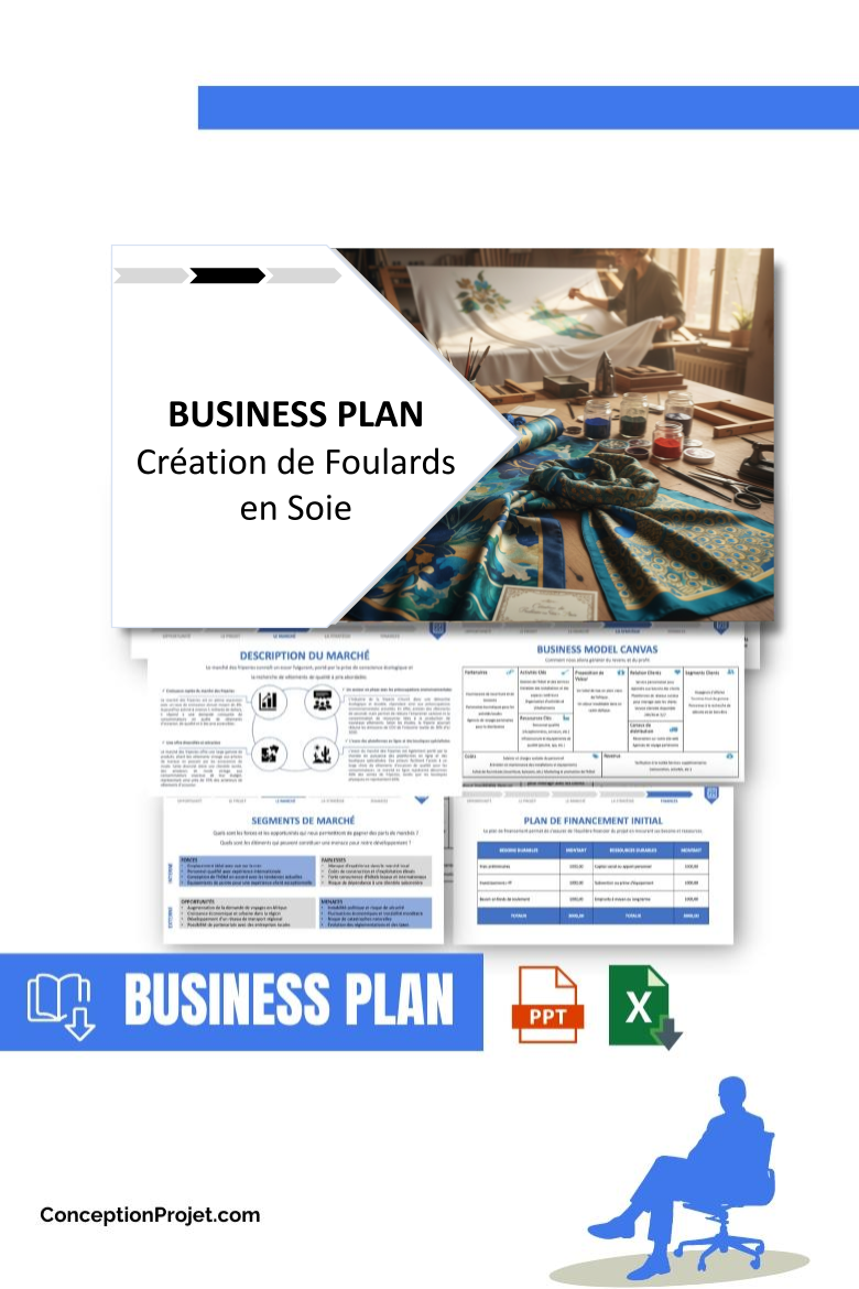 Pack Business Plan pour Création de Foulards en Soie - Modèle de business plan professionnel pour Création de Foulards en Soie, spécialement conçu pour les entrepreneurs, incluant un prévisionnel financier 100% automatisé, une stratégie marketing intégrée, ainsi qu’une analyse complète (SWOT, Business Model Canvas, étude de marché et analyse des risques). Ce document au design moderne et entièrement personnalisable sous Word est structuré pour répondre aux exigences des banques et des investisseurs, tout en permettant un gain de temps considérable grâce à son contenu pré-rédigé.