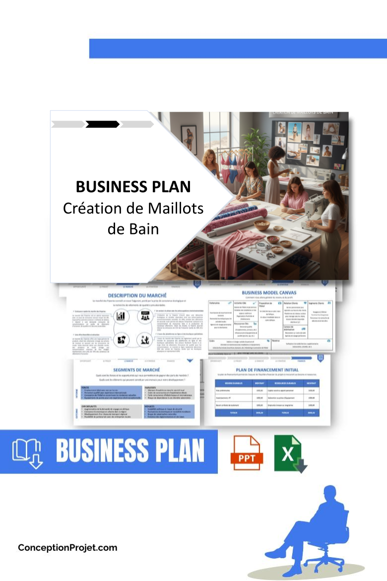 Pack Business Plan pour Création de Maillots de Bain - Modèle de business plan professionnel pour Création de Maillots de Bain, spécialement conçu pour les entrepreneurs, incluant un prévisionnel financier 100% automatisé, une stratégie marketing intégrée, ainsi qu’une analyse complète (SWOT, Business Model Canvas, étude de marché et analyse des risques). Ce document au design moderne et entièrement personnalisable sous Word est structuré pour répondre aux exigences des banques et des investisseurs, tout en permettant un gain de temps considérable grâce à son contenu pré-rédigé.