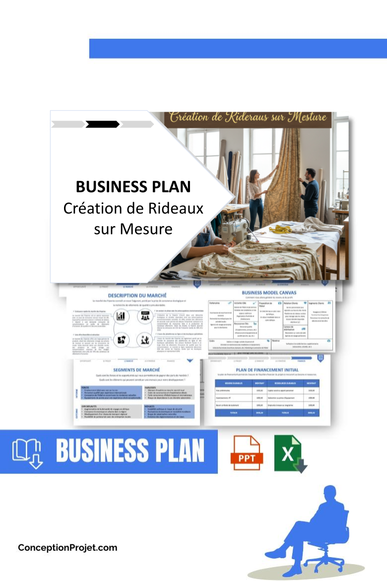 Pack Business Plan pour Création de Rideaux sur Mesure - Modèle de business plan professionnel pour Création de Rideaux sur Mesure, spécialement conçu pour les entrepreneurs, incluant un prévisionnel financier 100% automatisé, une stratégie marketing intégrée, ainsi qu’une analyse complète (SWOT, Business Model Canvas, étude de marché et analyse des risques). Ce document au design moderne et entièrement personnalisable sous Word est structuré pour répondre aux exigences des banques et des investisseurs, tout en permettant un gain de temps considérable grâce à son contenu pré-rédigé.