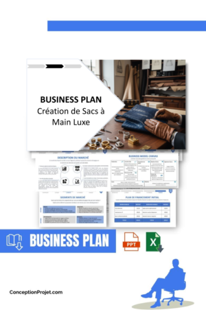 Pack Business Plan pour Création de Sacs à Main Luxe - Modèle de business plan professionnel pour Création de Sacs à Main Luxe, spécialement conçu pour les entrepreneurs, incluant un prévisionnel financier 100% automatisé, une stratégie marketing intégrée, ainsi qu’une analyse complète (SWOT, Business Model Canvas, étude de marché et analyse des risques). Ce document au design moderne et entièrement personnalisable sous Word est structuré pour répondre aux exigences des banques et des investisseurs, tout en permettant un gain de temps considérable grâce à son contenu pré-rédigé.