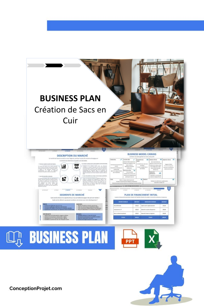 Pack Business Plan pour Création de Sacs en Cuir - Modèle de business plan professionnel pour Création de Sacs en Cuir, spécialement conçu pour les entrepreneurs, incluant un prévisionnel financier 100% automatisé, une stratégie marketing intégrée, ainsi qu’une analyse complète (SWOT, Business Model Canvas, étude de marché et analyse des risques). Ce document au design moderne et entièrement personnalisable sous Word est structuré pour répondre aux exigences des banques et des investisseurs, tout en permettant un gain de temps considérable grâce à son contenu pré-rédigé.