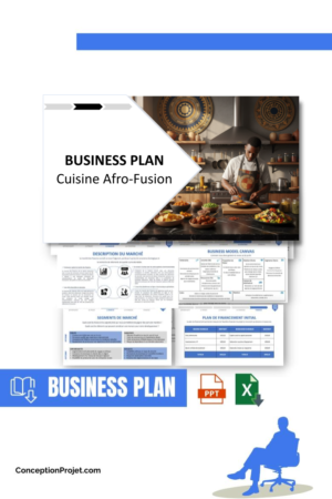 Pack Business Plan pour Cuisine Afro-Fusion - Modèle de business plan professionnel pour Cuisine Afro-Fusion, spécialement conçu pour les entrepreneurs, incluant un prévisionnel financier 100% automatisé, une stratégie marketing intégrée, ainsi qu’une analyse complète (SWOT, Business Model Canvas, étude de marché et analyse des risques). Ce document au design moderne et entièrement personnalisable sous Word est structuré pour répondre aux exigences des banques et des investisseurs, tout en permettant un gain de temps considérable grâce à son contenu pré-rédigé.