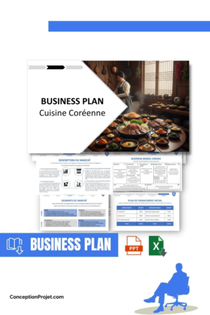 Pack Business Plan pour Cuisine Coréenne - Modèle de business plan professionnel pour Cuisine Coréenne, spécialement conçu pour les entrepreneurs, incluant un prévisionnel financier 100% automatisé, une stratégie marketing intégrée, ainsi qu’une analyse complète (SWOT, Business Model Canvas, étude de marché et analyse des risques). Ce document au design moderne et entièrement personnalisable sous Word est structuré pour répondre aux exigences des banques et des investisseurs, tout en permettant un gain de temps considérable grâce à son contenu pré-rédigé.