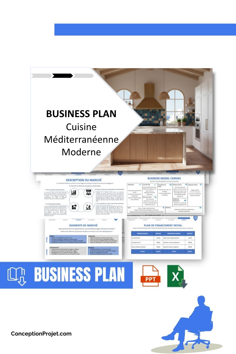 Pack Business Plan pour Cuisine Méditerranéenne Moderne - Modèle de business plan professionnel pour Cuisine Méditerranéenne Moderne, spécialement conçu pour les entrepreneurs, incluant un prévisionnel financier 100% automatisé, une stratégie marketing intégrée, ainsi qu’une analyse complète (SWOT, Business Model Canvas, étude de marché et analyse des risques). Ce document au design moderne et entièrement personnalisable sous Word est structuré pour répondre aux exigences des banques et des investisseurs, tout en permettant un gain de temps considérable grâce à son contenu pré-rédigé.
