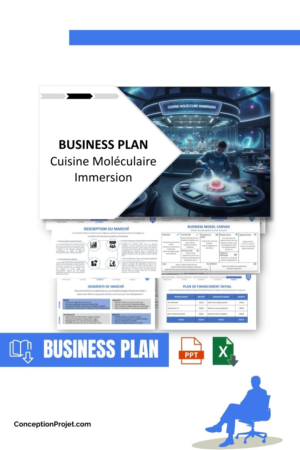 Pack Business Plan pour Cuisine Moléculaire Immersion - Modèle de business plan professionnel pour Cuisine Moléculaire Immersion, spécialement conçu pour les entrepreneurs, incluant un prévisionnel financier 100% automatisé, une stratégie marketing intégrée, ainsi qu’une analyse complète (SWOT, Business Model Canvas, étude de marché et analyse des risques). Ce document au design moderne et entièrement personnalisable sous Word est structuré pour répondre aux exigences des banques et des investisseurs, tout en permettant un gain de temps considérable grâce à son contenu pré-rédigé.