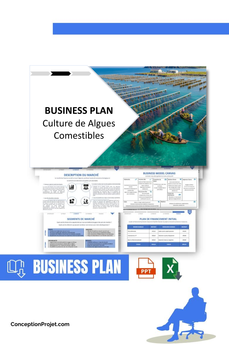 Pack Business Plan pour Culture de Algues Comestibles - Modèle de business plan professionnel pour Culture de Algues Comestibles, spécialement conçu pour les entrepreneurs, incluant un prévisionnel financier 100% automatisé, une stratégie marketing intégrée, ainsi qu’une analyse complète (SWOT, Business Model Canvas, étude de marché et analyse des risques). Ce document au design moderne et entièrement personnalisable sous Word est structuré pour répondre aux exigences des banques et des investisseurs, tout en permettant un gain de temps considérable grâce à son contenu pré-rédigé.