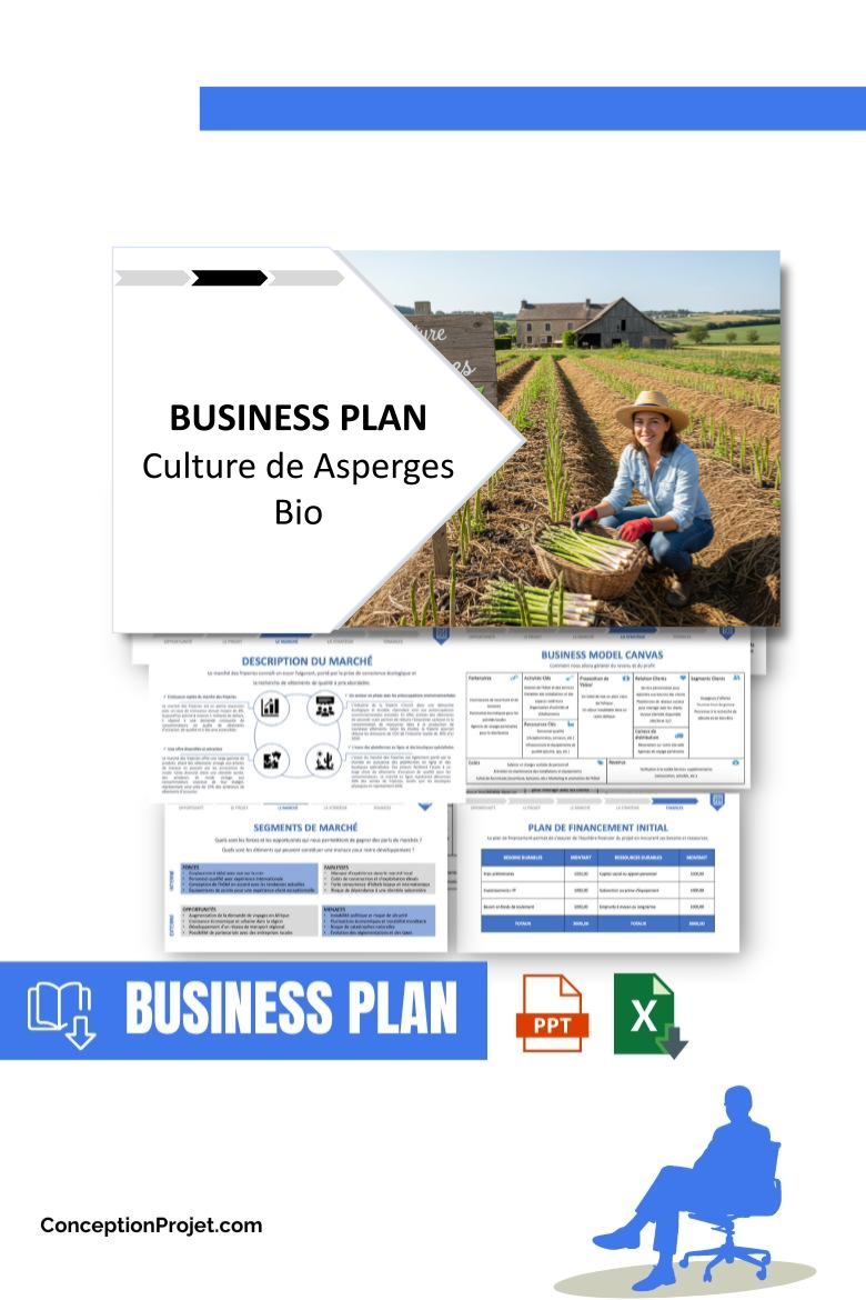 Pack Business Plan pour Culture de Asperges Bio - Modèle de business plan professionnel pour Culture de Asperges Bio, spécialement conçu pour les entrepreneurs, incluant un prévisionnel financier 100% automatisé, une stratégie marketing intégrée, ainsi qu’une analyse complète (SWOT, Business Model Canvas, étude de marché et analyse des risques). Ce document au design moderne et entièrement personnalisable sous Word est structuré pour répondre aux exigences des banques et des investisseurs, tout en permettant un gain de temps considérable grâce à son contenu pré-rédigé.