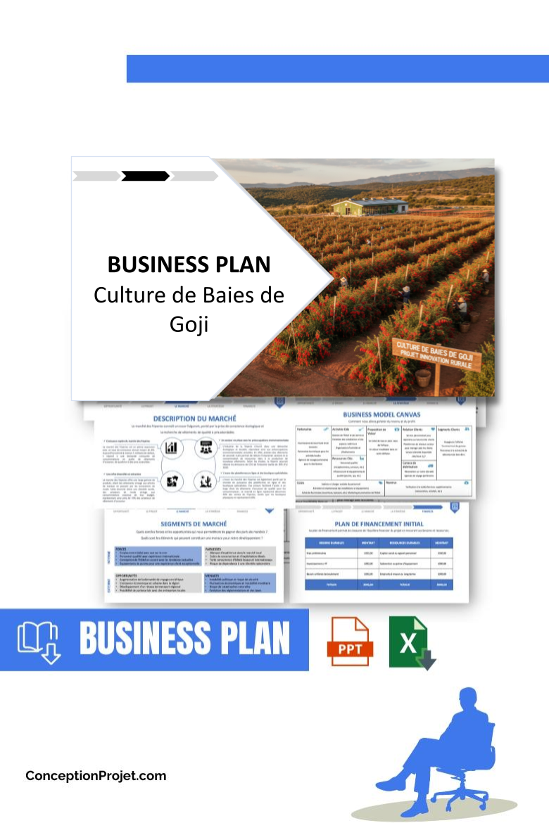 Pack Business Plan pour Culture de Baies de Goji - Modèle de business plan professionnel pour Culture de Baies de Goji, spécialement conçu pour les entrepreneurs, incluant un prévisionnel financier 100% automatisé, une stratégie marketing intégrée, ainsi qu’une analyse complète (SWOT, Business Model Canvas, étude de marché et analyse des risques). Ce document au design moderne et entièrement personnalisable sous Word est structuré pour répondre aux exigences des banques et des investisseurs, tout en permettant un gain de temps considérable grâce à son contenu pré-rédigé.