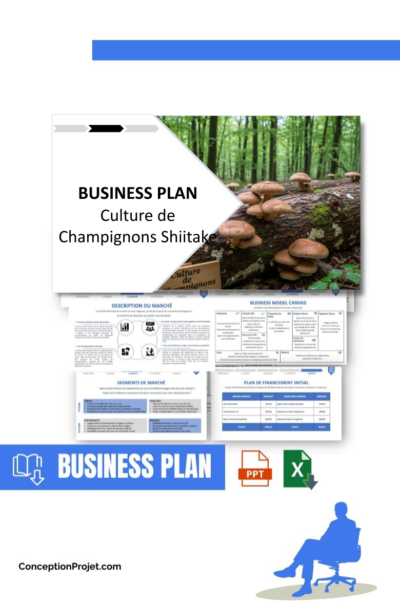 Pack Business Plan Culture de Champignons Shiitake 2026 1 Pack Business Plan pour Culture de Champignons Shiitake - ModĂšle de business plan professionnel pour Culture de Champignons Shiitake, spĂ©cialement conçu pour les entrepreneurs, incluant un prĂ©visionnel financier 100% automatisĂ©, une stratĂ©gie marketing intĂ©grĂ©e, ainsi quâune analyse complĂšte (SWOT, Business Model Canvas, Ă©tude de marchĂ© et analyse des risques). Ce document au design moderne et entiĂšrement personnalisable sous Word est structurĂ© pour rĂ©pondre aux exigences des banques et des investisseurs, tout en permettant un gain de temps considĂ©rable grĂące Ă son contenu prĂ©-rĂ©digĂ©.