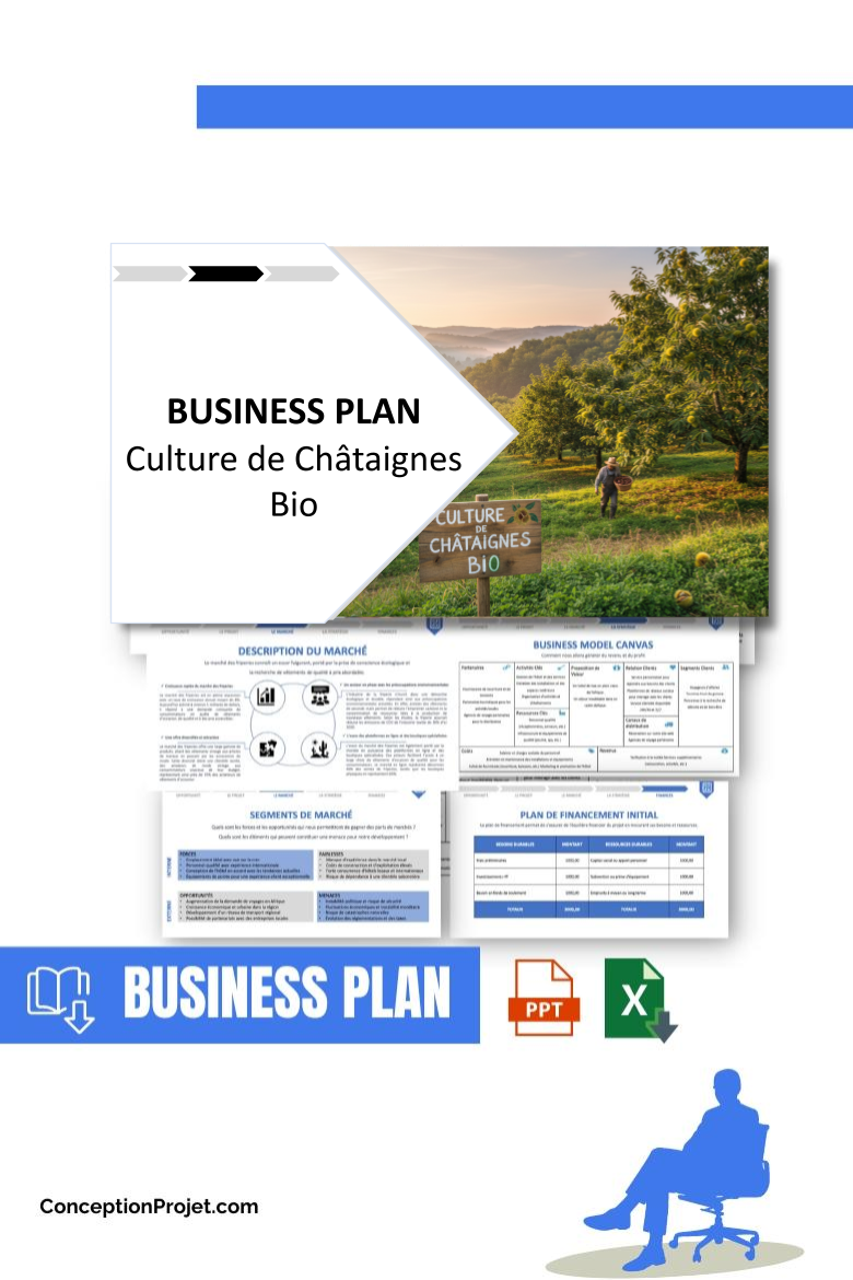 Pack Business Plan pour Culture de Châtaignes Bio - Modèle de business plan professionnel pour Culture de Châtaignes Bio, spécialement conçu pour les entrepreneurs, incluant un prévisionnel financier 100% automatisé, une stratégie marketing intégrée, ainsi qu’une analyse complète (SWOT, Business Model Canvas, étude de marché et analyse des risques). Ce document au design moderne et entièrement personnalisable sous Word est structuré pour répondre aux exigences des banques et des investisseurs, tout en permettant un gain de temps considérable grâce à son contenu pré-rédigé.