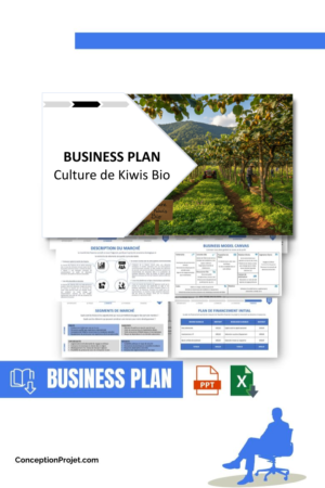 Pack Business Plan pour Culture de Kiwis Bio - Modèle de business plan professionnel pour Culture de Kiwis Bio, spécialement conçu pour les entrepreneurs, incluant un prévisionnel financier 100% automatisé, une stratégie marketing intégrée, ainsi qu’une analyse complète (SWOT, Business Model Canvas, étude de marché et analyse des risques). Ce document au design moderne et entièrement personnalisable sous Word est structuré pour répondre aux exigences des banques et des investisseurs, tout en permettant un gain de temps considérable grâce à son contenu pré-rédigé.