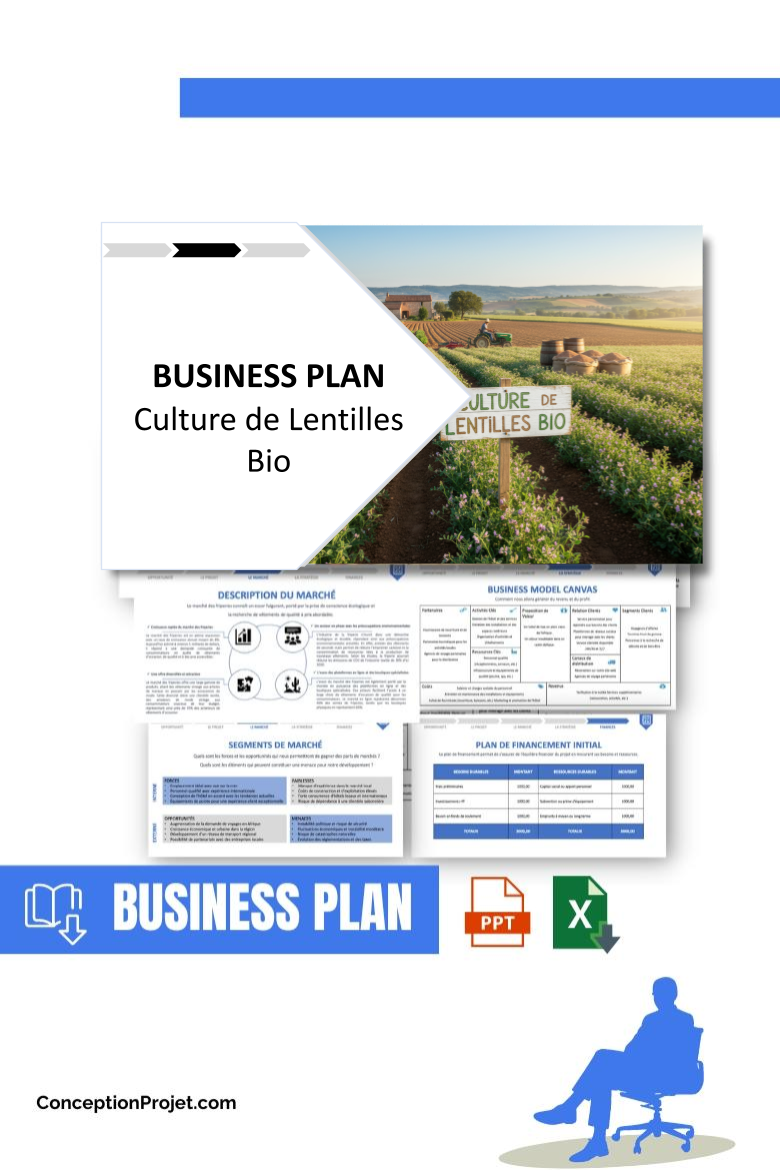 Pack Business Plan pour Culture de Lentilles Bio - Modèle de business plan professionnel pour Culture de Lentilles Bio, spécialement conçu pour les entrepreneurs, incluant un prévisionnel financier 100% automatisé, une stratégie marketing intégrée, ainsi qu’une analyse complète (SWOT, Business Model Canvas, étude de marché et analyse des risques). Ce document au design moderne et entièrement personnalisable sous Word est structuré pour répondre aux exigences des banques et des investisseurs, tout en permettant un gain de temps considérable grâce à son contenu pré-rédigé.