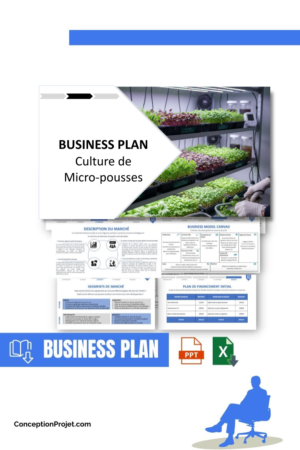 Pack Business Plan pour Culture de Micro-pousses - Modèle de business plan professionnel pour Culture de Micro-pousses, spécialement conçu pour les entrepreneurs, incluant un prévisionnel financier 100% automatisé, une stratégie marketing intégrée, ainsi qu’une analyse complète (SWOT, Business Model Canvas, étude de marché et analyse des risques). Ce document au design moderne et entièrement personnalisable sous Word est structuré pour répondre aux exigences des banques et des investisseurs, tout en permettant un gain de temps considérable grâce à son contenu pré-rédigé.