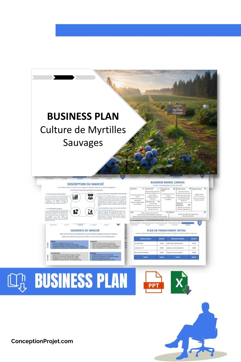 Pack Business Plan pour Culture de Myrtilles Sauvages - Modèle de business plan professionnel pour Culture de Myrtilles Sauvages, spécialement conçu pour les entrepreneurs, incluant un prévisionnel financier 100% automatisé, une stratégie marketing intégrée, ainsi qu’une analyse complète (SWOT, Business Model Canvas, étude de marché et analyse des risques). Ce document au design moderne et entièrement personnalisable sous Word est structuré pour répondre aux exigences des banques et des investisseurs, tout en permettant un gain de temps considérable grâce à son contenu pré-rédigé.