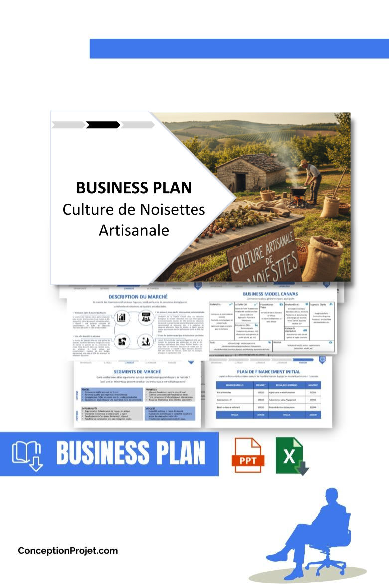 Pack Business Plan pour Culture de Noisettes Artisanale - Modèle de business plan professionnel pour Culture de Noisettes Artisanale, spécialement conçu pour les entrepreneurs, incluant un prévisionnel financier 100% automatisé, une stratégie marketing intégrée, ainsi qu’une analyse complète (SWOT, Business Model Canvas, étude de marché et analyse des risques). Ce document au design moderne et entièrement personnalisable sous Word est structuré pour répondre aux exigences des banques et des investisseurs, tout en permettant un gain de temps considérable grâce à son contenu pré-rédigé.