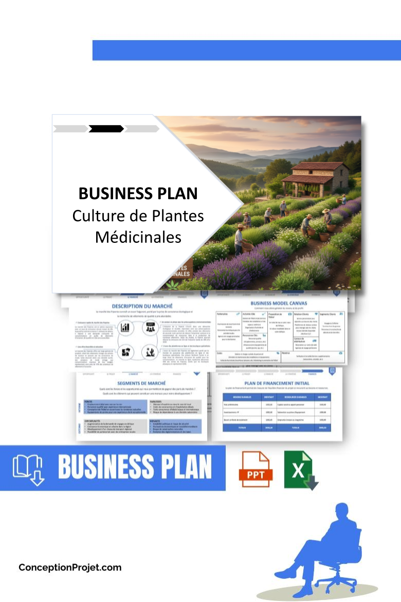 Pack Business Plan pour Culture de Plantes Médicinales - Modèle de business plan professionnel pour Culture de Plantes Médicinales, spécialement conçu pour les entrepreneurs, incluant un prévisionnel financier 100% automatisé, une stratégie marketing intégrée, ainsi qu’une analyse complète (SWOT, Business Model Canvas, étude de marché et analyse des risques). Ce document au design moderne et entièrement personnalisable sous Word est structuré pour répondre aux exigences des banques et des investisseurs, tout en permettant un gain de temps considérable grâce à son contenu pré-rédigé.