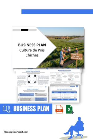 Pack Business Plan pour Culture de Pois Chiches - Modèle de business plan professionnel pour Culture de Pois Chiches, spécialement conçu pour les entrepreneurs, incluant un prévisionnel financier 100% automatisé, une stratégie marketing intégrée, ainsi qu’une analyse complète (SWOT, Business Model Canvas, étude de marché et analyse des risques). Ce document au design moderne et entièrement personnalisable sous Word est structuré pour répondre aux exigences des banques et des investisseurs, tout en permettant un gain de temps considérable grâce à son contenu pré-rédigé.