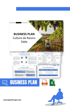 Pack Business Plan pour Culture de Raisins Table - Modèle de business plan professionnel pour Culture de Raisins Table, spécialement conçu pour les entrepreneurs, incluant un prévisionnel financier 100% automatisé, une stratégie marketing intégrée, ainsi qu’une analyse complète (SWOT, Business Model Canvas, étude de marché et analyse des risques). Ce document au design moderne et entièrement personnalisable sous Word est structuré pour répondre aux exigences des banques et des investisseurs, tout en permettant un gain de temps considérable grâce à son contenu pré-rédigé.