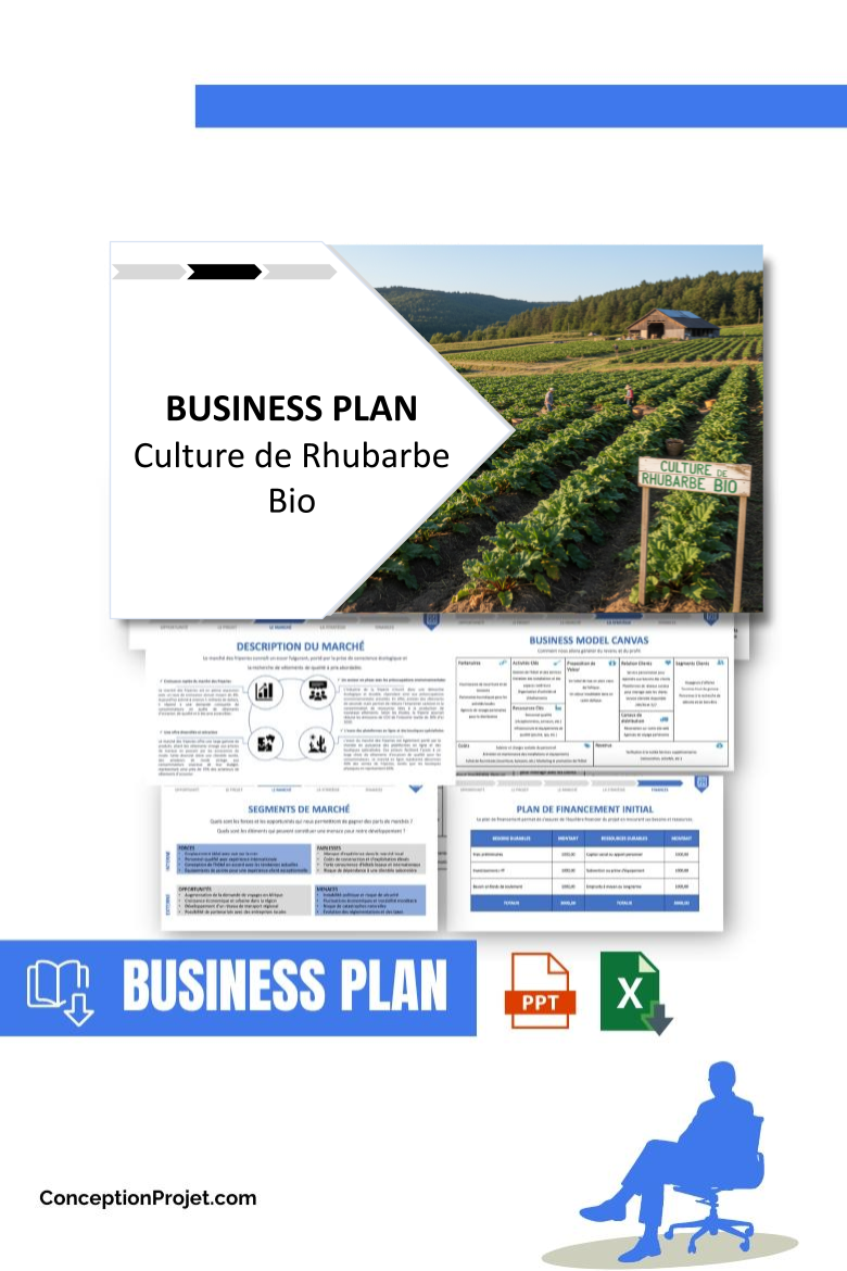 Pack Business Plan pour Culture de Rhubarbe Bio - Modèle de business plan professionnel pour Culture de Rhubarbe Bio, spécialement conçu pour les entrepreneurs, incluant un prévisionnel financier 100% automatisé, une stratégie marketing intégrée, ainsi qu’une analyse complète (SWOT, Business Model Canvas, étude de marché et analyse des risques). Ce document au design moderne et entièrement personnalisable sous Word est structuré pour répondre aux exigences des banques et des investisseurs, tout en permettant un gain de temps considérable grâce à son contenu pré-rédigé.