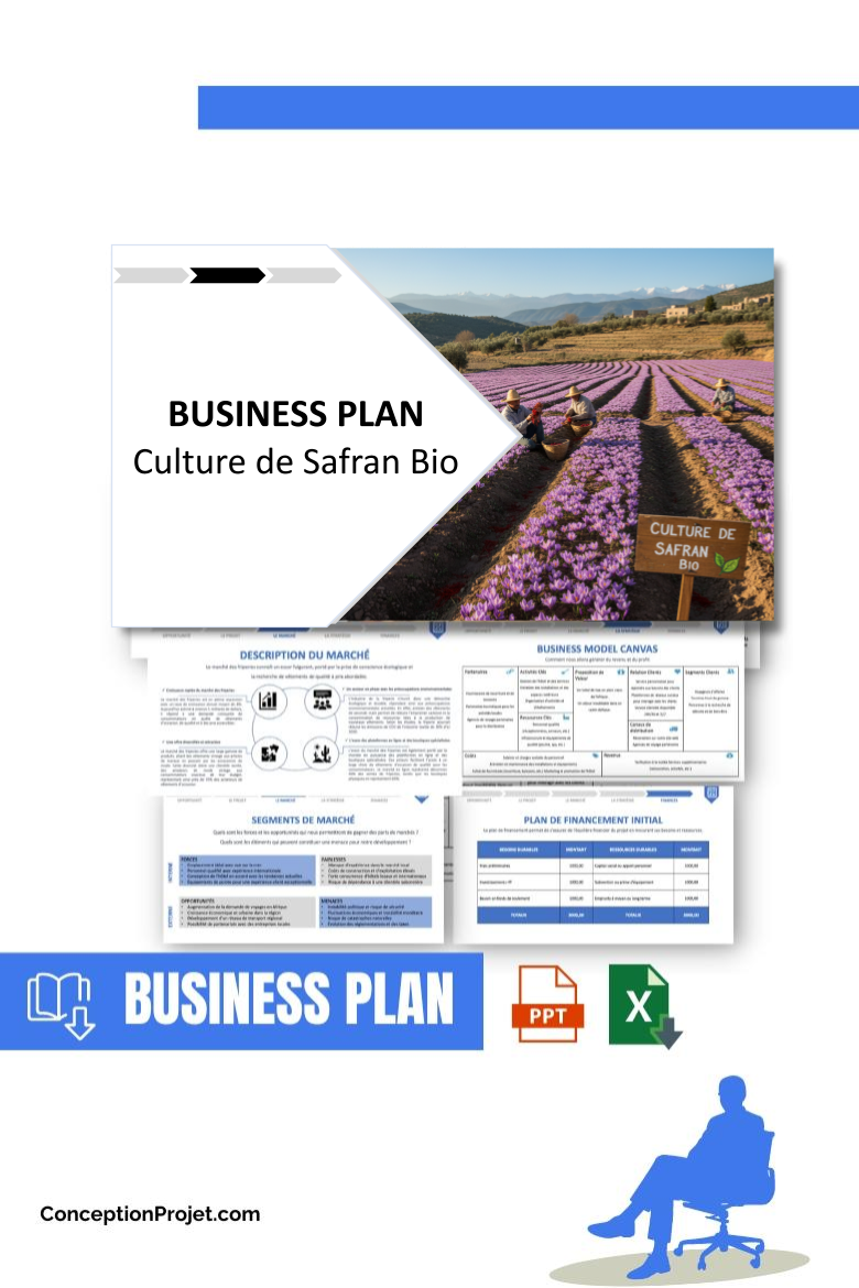 Pack Business Plan pour Culture de Safran Bio - Modèle de business plan professionnel pour Culture de Safran Bio, spécialement conçu pour les entrepreneurs, incluant un prévisionnel financier 100% automatisé, une stratégie marketing intégrée, ainsi qu’une analyse complète (SWOT, Business Model Canvas, étude de marché et analyse des risques). Ce document au design moderne et entièrement personnalisable sous Word est structuré pour répondre aux exigences des banques et des investisseurs, tout en permettant un gain de temps considérable grâce à son contenu pré-rédigé.