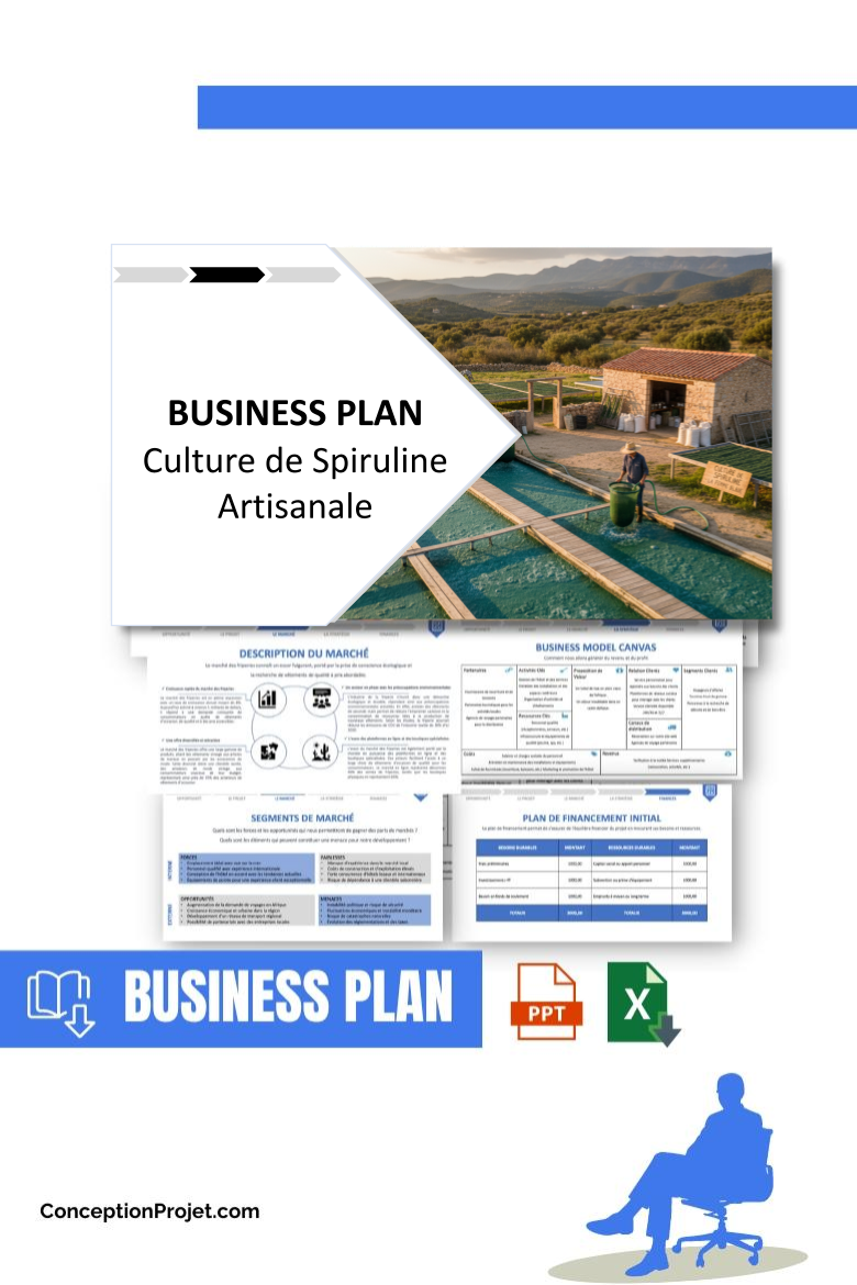 Pack Business Plan pour Culture de Spiruline Artisanale - Modèle de business plan professionnel pour Culture de Spiruline Artisanale, spécialement conçu pour les entrepreneurs, incluant un prévisionnel financier 100% automatisé, une stratégie marketing intégrée, ainsi qu’une analyse complète (SWOT, Business Model Canvas, étude de marché et analyse des risques). Ce document au design moderne et entièrement personnalisable sous Word est structuré pour répondre aux exigences des banques et des investisseurs, tout en permettant un gain de temps considérable grâce à son contenu pré-rédigé.