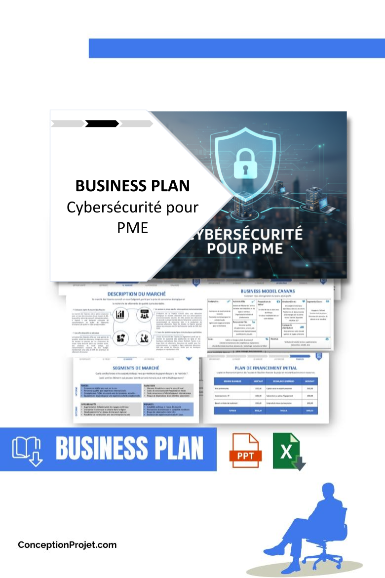 Pack Business Plan pour Cybersécurité pour PME - Modèle de business plan professionnel pour Cybersécurité pour PME, spécialement conçu pour les entrepreneurs, incluant un prévisionnel financier 100% automatisé, une stratégie marketing intégrée, ainsi qu’une analyse complète (SWOT, Business Model Canvas, étude de marché et analyse des risques). Ce document au design moderne et entièrement personnalisable sous Word est structuré pour répondre aux exigences des banques et des investisseurs, tout en permettant un gain de temps considérable grâce à son contenu pré-rédigé.