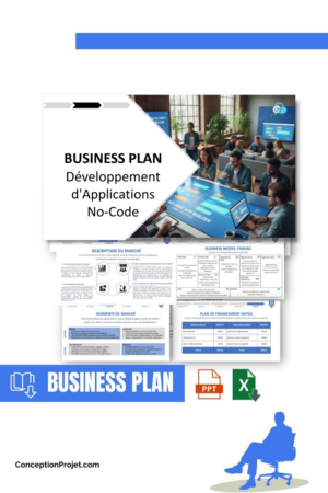 Pack Business Plan pour Développement d'Applications No-Code - Modèle de business plan professionnel pour Développement d'Applications No-Code, spécialement conçu pour les entrepreneurs, incluant un prévisionnel financier 100% automatisé, une stratégie marketing intégrée, ainsi qu’une analyse complète (SWOT, Business Model Canvas, étude de marché et analyse des risques). Ce document au design moderne et entièrement personnalisable sous Word est structuré pour répondre aux exigences des banques et des investisseurs, tout en permettant un gain de temps considérable grâce à son contenu pré-rédigé.