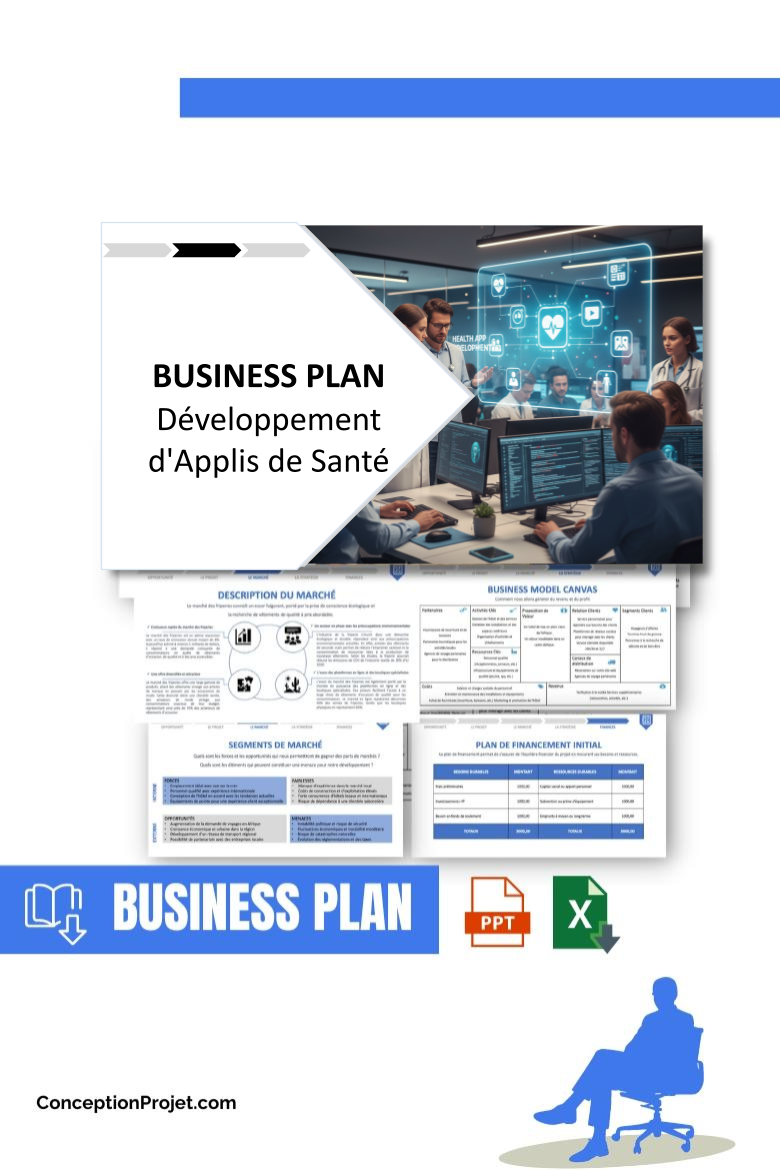 Pack Business Plan pour Développement d'Applis de Santé - Modèle de business plan professionnel pour Développement d'Applis de Santé, spécialement conçu pour les entrepreneurs, incluant un prévisionnel financier 100% automatisé, une stratégie marketing intégrée, ainsi qu’une analyse complète (SWOT, Business Model Canvas, étude de marché et analyse des risques). Ce document au design moderne et entièrement personnalisable sous Word est structuré pour répondre aux exigences des banques et des investisseurs, tout en permettant un gain de temps considérable grâce à son contenu pré-rédigé.