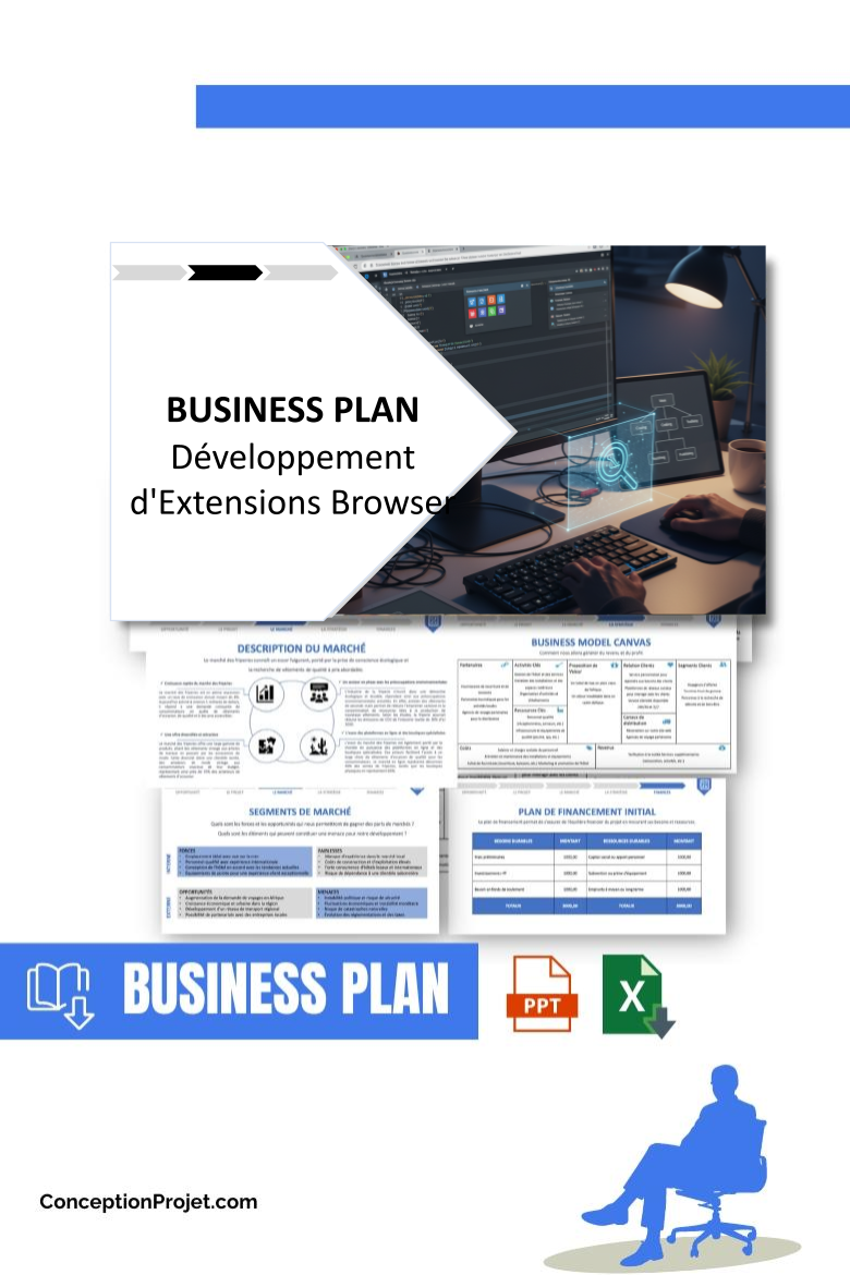 Pack Business Plan Développement d'Extensions Browser 2026 1 Pack Business Plan pour Développement d'Extensions Browser - Modèle de business plan professionnel pour Développement d'Extensions Browser, spécialement conçu pour les entrepreneurs, incluant un prévisionnel financier 100% automatisé, une stratégie marketing intégrée, ainsi qu’une analyse complète (SWOT, Business Model Canvas, étude de marché et analyse des risques). Ce document au design moderne et entièrement personnalisable sous Word est structuré pour répondre aux exigences des banques et des investisseurs, tout en permettant un gain de temps considérable grâce à son contenu pré-rédigé.