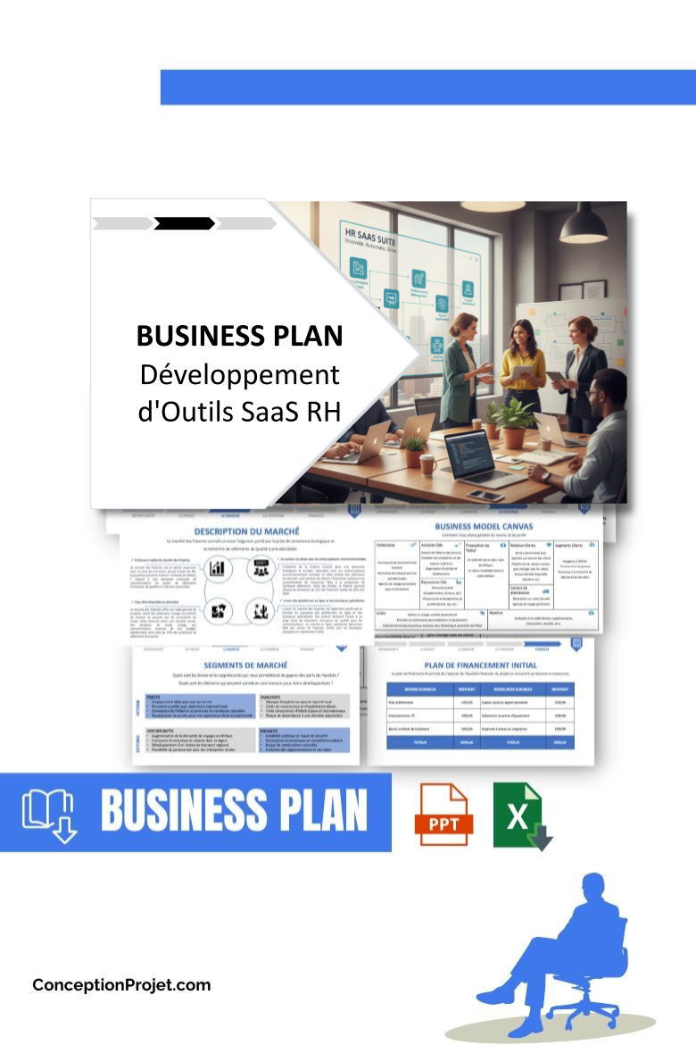 Pack Business Plan pour Développement d'Outils SaaS RH - Modèle de business plan professionnel pour Développement d'Outils SaaS RH, spécialement conçu pour les entrepreneurs, incluant un prévisionnel financier 100% automatisé, une stratégie marketing intégrée, ainsi qu’une analyse complète (SWOT, Business Model Canvas, étude de marché et analyse des risques). Ce document au design moderne et entièrement personnalisable sous Word est structuré pour répondre aux exigences des banques et des investisseurs, tout en permettant un gain de temps considérable grâce à son contenu pré-rédigé.