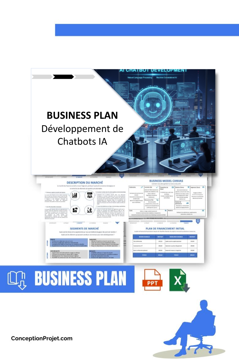Pack Business Plan pour Développement de Chatbots IA - Modèle de business plan professionnel pour Développement de Chatbots IA, spécialement conçu pour les entrepreneurs, incluant un prévisionnel financier 100% automatisé, une stratégie marketing intégrée, ainsi qu’une analyse complète (SWOT, Business Model Canvas, étude de marché et analyse des risques). Ce document au design moderne et entièrement personnalisable sous Word est structuré pour répondre aux exigences des banques et des investisseurs, tout en permettant un gain de temps considérable grâce à son contenu pré-rédigé.