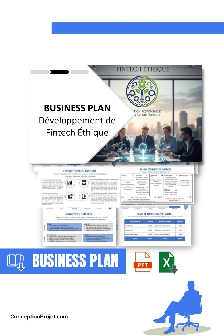 Pack Business Plan Développement de Fintech Éthique 2026 1 Pack Business Plan pour Développement de Fintech Éthique - Modèle de business plan professionnel pour Développement de Fintech Éthique, spécialement conçu pour les entrepreneurs, incluant un prévisionnel financier 100% automatisé, une stratégie marketing intégrée, ainsi qu’une analyse complète (SWOT, Business Model Canvas, étude de marché et analyse des risques). Ce document au design moderne et entièrement personnalisable sous Word est structuré pour répondre aux exigences des banques et des investisseurs, tout en permettant un gain de temps considérable grâce à son contenu pré-rédigé.