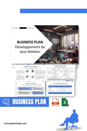 Pack Business Plan pour Développement de Jeux Mobiles - Modèle de business plan professionnel pour Développement de Jeux Mobiles, spécialement conçu pour les entrepreneurs, incluant un prévisionnel financier 100% automatisé, une stratégie marketing intégrée, ainsi qu’une analyse complète (SWOT, Business Model Canvas, étude de marché et analyse des risques). Ce document au design moderne et entièrement personnalisable sous Word est structuré pour répondre aux exigences des banques et des investisseurs, tout en permettant un gain de temps considérable grâce à son contenu pré-rédigé.