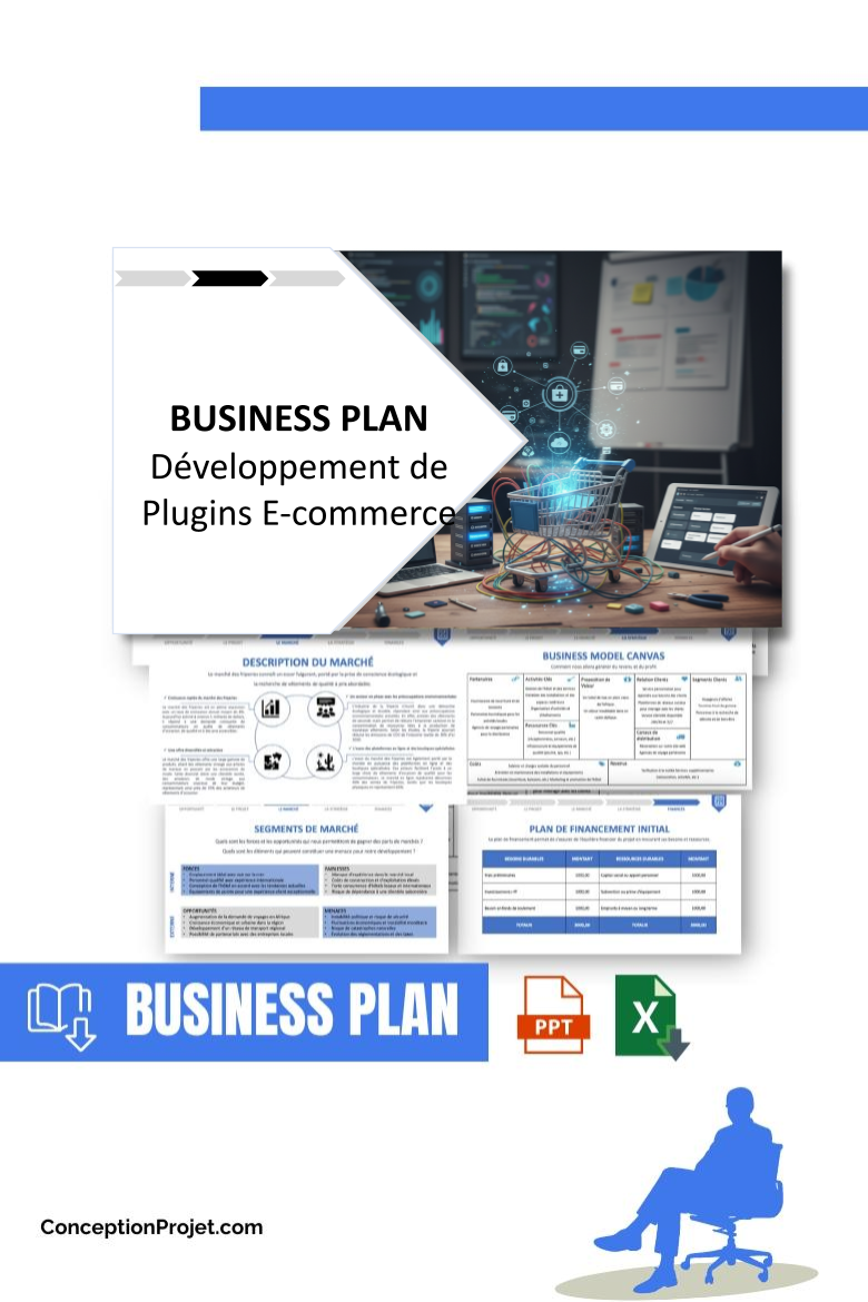 Pack Business Plan pour Développement de Plugins E-commerce - Modèle de business plan professionnel pour Développement de Plugins E-commerce, spécialement conçu pour les entrepreneurs, incluant un prévisionnel financier 100% automatisé, une stratégie marketing intégrée, ainsi qu’une analyse complète (SWOT, Business Model Canvas, étude de marché et analyse des risques). Ce document au design moderne et entièrement personnalisable sous Word est structuré pour répondre aux exigences des banques et des investisseurs, tout en permettant un gain de temps considérable grâce à son contenu pré-rédigé.