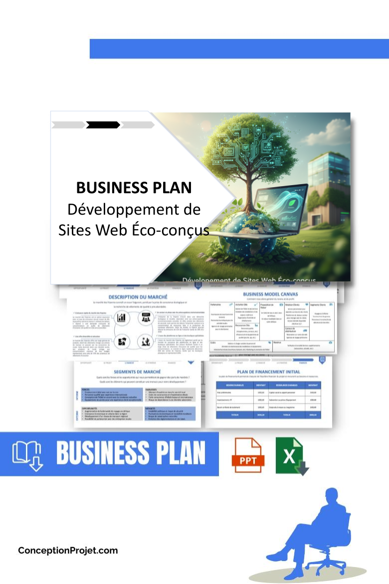 Pack Business Plan pour Développement de Sites Web Éco-conçus - Modèle de business plan professionnel pour Développement de Sites Web Éco-conçus, spécialement conçu pour les entrepreneurs, incluant un prévisionnel financier 100% automatisé, une stratégie marketing intégrée, ainsi qu’une analyse complète (SWOT, Business Model Canvas, étude de marché et analyse des risques). Ce document au design moderne et entièrement personnalisable sous Word est structuré pour répondre aux exigences des banques et des investisseurs, tout en permettant un gain de temps considérable grâce à son contenu pré-rédigé.