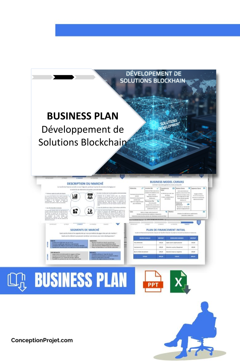 Pack Business Plan pour Développement de Solutions Blockchain - Modèle de business plan professionnel pour Développement de Solutions Blockchain, spécialement conçu pour les entrepreneurs, incluant un prévisionnel financier 100% automatisé, une stratégie marketing intégrée, ainsi qu’une analyse complète (SWOT, Business Model Canvas, étude de marché et analyse des risques). Ce document au design moderne et entièrement personnalisable sous Word est structuré pour répondre aux exigences des banques et des investisseurs, tout en permettant un gain de temps considérable grâce à son contenu pré-rédigé.