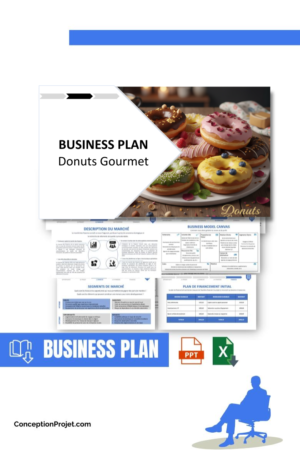 Pack Business Plan pour Donuts Gourmet - Modèle de business plan professionnel pour Donuts Gourmet, spécialement conçu pour les entrepreneurs, incluant un prévisionnel financier 100% automatisé, une stratégie marketing intégrée, ainsi qu’une analyse complète (SWOT, Business Model Canvas, étude de marché et analyse des risques). Ce document au design moderne et entièrement personnalisable sous Word est structuré pour répondre aux exigences des banques et des investisseurs, tout en permettant un gain de temps considérable grâce à son contenu pré-rédigé.