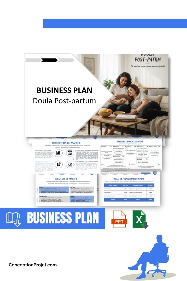 Pack Business Plan pour Doula Post-partum - Modèle de business plan professionnel pour Doula Post-partum, spécialement conçu pour les entrepreneurs, incluant un prévisionnel financier 100% automatisé, une stratégie marketing intégrée, ainsi qu’une analyse complète (SWOT, Business Model Canvas, étude de marché et analyse des risques). Ce document au design moderne et entièrement personnalisable sous Word est structuré pour répondre aux exigences des banques et des investisseurs, tout en permettant un gain de temps considérable grâce à son contenu pré-rédigé.