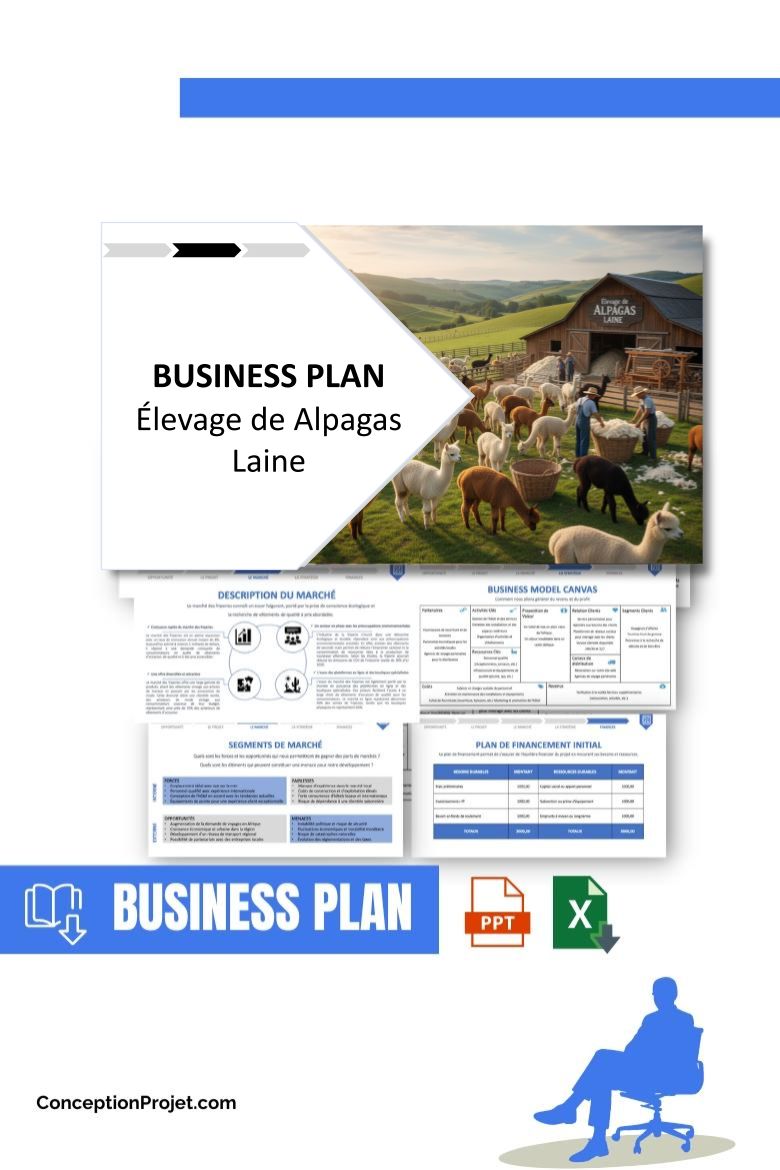 Pack Business Plan pour Élevage de Alpagas Laine - Modèle de business plan professionnel pour Élevage de Alpagas Laine, spécialement conçu pour les entrepreneurs, incluant un prévisionnel financier 100% automatisé, une stratégie marketing intégrée, ainsi qu’une analyse complète (SWOT, Business Model Canvas, étude de marché et analyse des risques). Ce document au design moderne et entièrement personnalisable sous Word est structuré pour répondre aux exigences des banques et des investisseurs, tout en permettant un gain de temps considérable grâce à son contenu pré-rédigé.