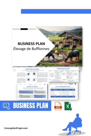 Pack Business Plan pour Élevage de Bufflonnes - Modèle de business plan professionnel pour Élevage de Bufflonnes, spécialement conçu pour les entrepreneurs, incluant un prévisionnel financier 100% automatisé, une stratégie marketing intégrée, ainsi qu’une analyse complète (SWOT, Business Model Canvas, étude de marché et analyse des risques). Ce document au design moderne et entièrement personnalisable sous Word est structuré pour répondre aux exigences des banques et des investisseurs, tout en permettant un gain de temps considérable grâce à son contenu pré-rédigé.