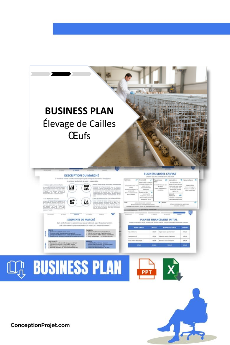 Pack Business Plan pour Élevage de Cailles Œufs - Modèle de business plan professionnel pour Élevage de Cailles Œufs, spécialement conçu pour les entrepreneurs, incluant un prévisionnel financier 100% automatisé, une stratégie marketing intégrée, ainsi qu’une analyse complète (SWOT, Business Model Canvas, étude de marché et analyse des risques). Ce document au design moderne et entièrement personnalisable sous Word est structuré pour répondre aux exigences des banques et des investisseurs, tout en permettant un gain de temps considérable grâce à son contenu pré-rédigé.