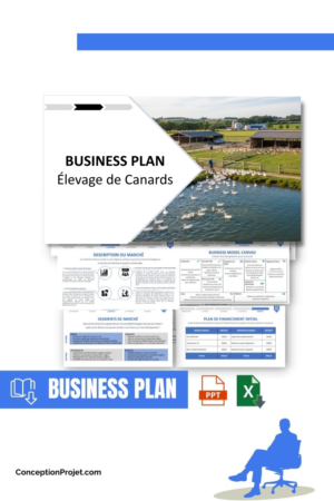 Pack Business Plan pour Élevage de Canards - Modèle de business plan professionnel pour Élevage de Canards, spécialement conçu pour les entrepreneurs, incluant un prévisionnel financier 100% automatisé, une stratégie marketing intégrée, ainsi qu’une analyse complète (SWOT, Business Model Canvas, étude de marché et analyse des risques). Ce document au design moderne et entièrement personnalisable sous Word est structuré pour répondre aux exigences des banques et des investisseurs, tout en permettant un gain de temps considérable grâce à son contenu pré-rédigé.