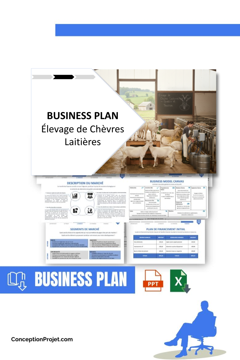 Pack Business Plan pour Élevage de Chèvres Laitières - Modèle de business plan professionnel pour Élevage de Chèvres Laitières, spécialement conçu pour les entrepreneurs, incluant un prévisionnel financier 100% automatisé, une stratégie marketing intégrée, ainsi qu’une analyse complète (SWOT, Business Model Canvas, étude de marché et analyse des risques). Ce document au design moderne et entièrement personnalisable sous Word est structuré pour répondre aux exigences des banques et des investisseurs, tout en permettant un gain de temps considérable grâce à son contenu pré-rédigé.