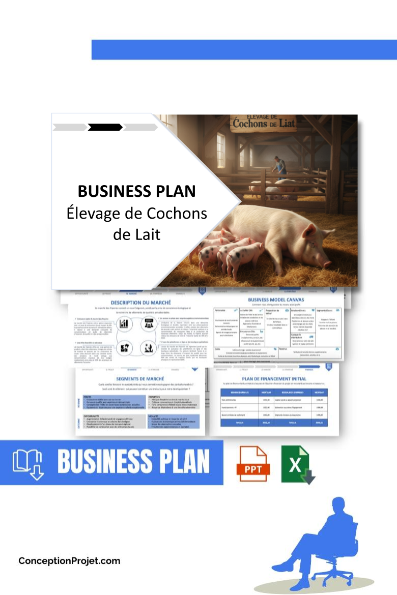Pack Business Plan pour Élevage de Cochons de Lait - Modèle de business plan professionnel pour Élevage de Cochons de Lait, spécialement conçu pour les entrepreneurs, incluant un prévisionnel financier 100% automatisé, une stratégie marketing intégrée, ainsi qu’une analyse complète (SWOT, Business Model Canvas, étude de marché et analyse des risques). Ce document au design moderne et entièrement personnalisable sous Word est structuré pour répondre aux exigences des banques et des investisseurs, tout en permettant un gain de temps considérable grâce à son contenu pré-rédigé.
