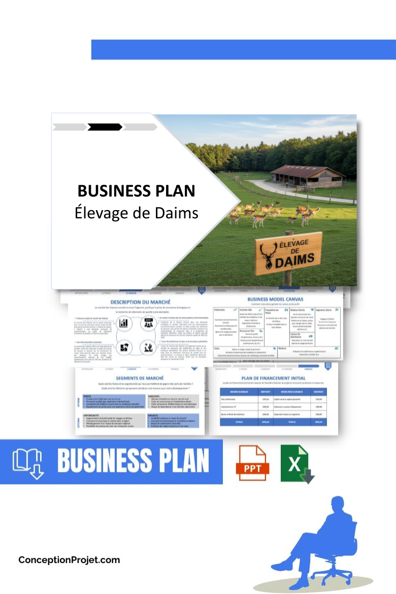 Pack Business Plan pour Élevage de Daims - Modèle de business plan professionnel pour Élevage de Daims, spécialement conçu pour les entrepreneurs, incluant un prévisionnel financier 100% automatisé, une stratégie marketing intégrée, ainsi qu’une analyse complète (SWOT, Business Model Canvas, étude de marché et analyse des risques). Ce document au design moderne et entièrement personnalisable sous Word est structuré pour répondre aux exigences des banques et des investisseurs, tout en permettant un gain de temps considérable grâce à son contenu pré-rédigé.