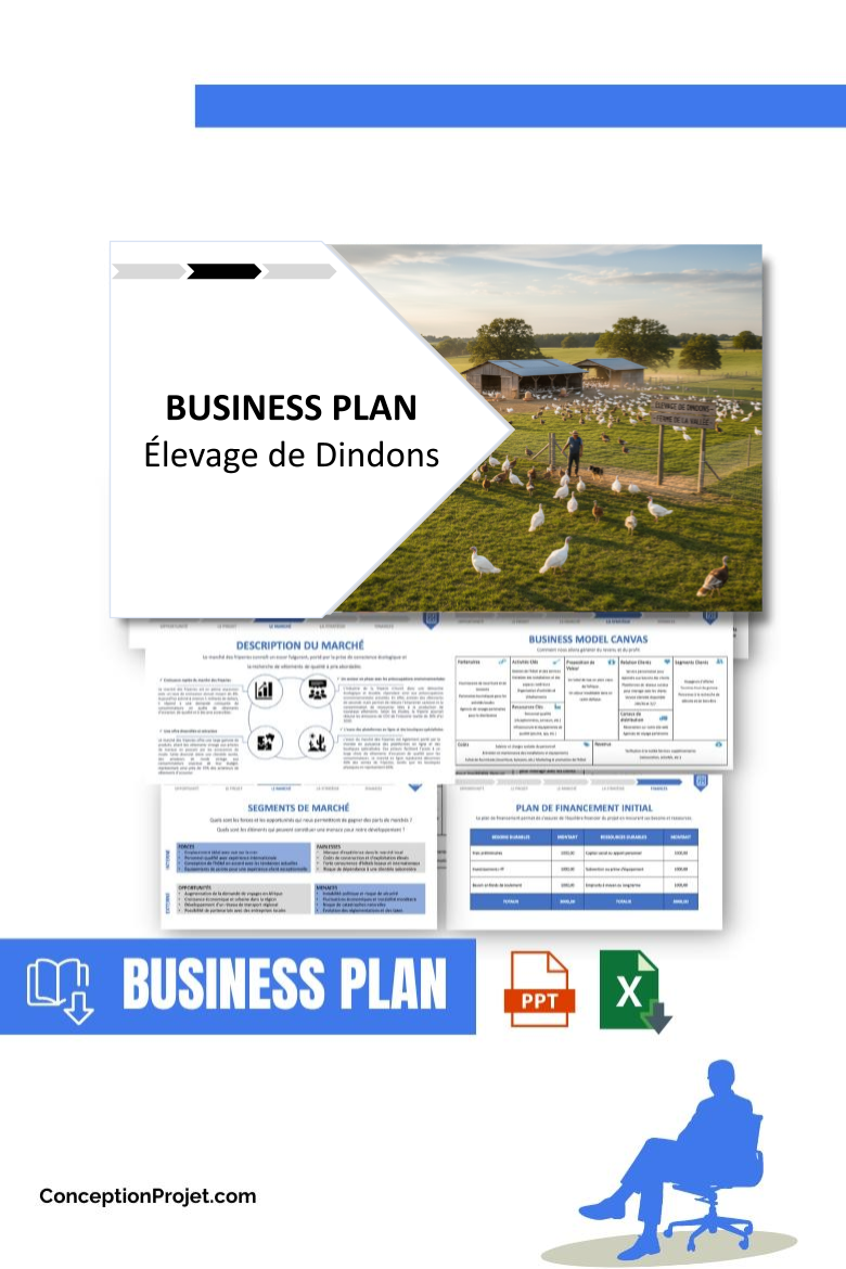 Pack Business Plan pour Élevage de Dindons - Modèle de business plan professionnel pour Élevage de Dindons, spécialement conçu pour les entrepreneurs, incluant un prévisionnel financier 100% automatisé, une stratégie marketing intégrée, ainsi qu’une analyse complète (SWOT, Business Model Canvas, étude de marché et analyse des risques). Ce document au design moderne et entièrement personnalisable sous Word est structuré pour répondre aux exigences des banques et des investisseurs, tout en permettant un gain de temps considérable grâce à son contenu pré-rédigé.