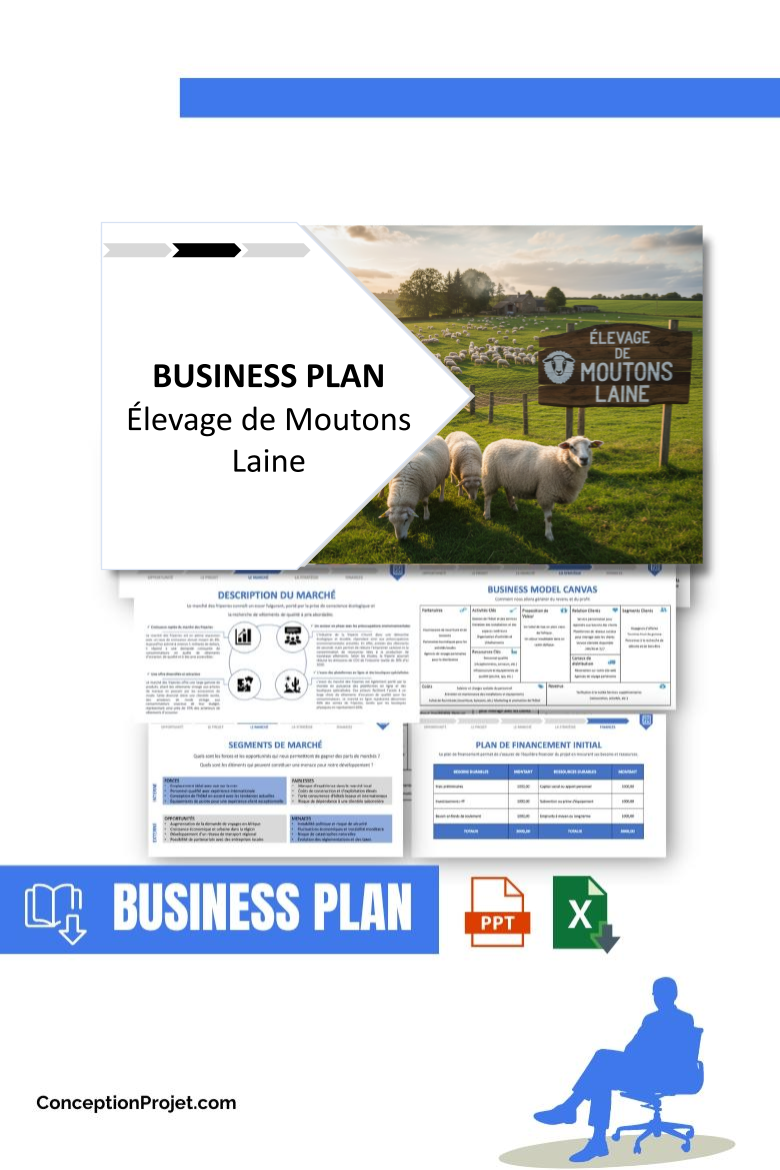 Pack Business Plan pour Élevage de Moutons Laine - Modèle de business plan professionnel pour Élevage de Moutons Laine, spécialement conçu pour les entrepreneurs, incluant un prévisionnel financier 100% automatisé, une stratégie marketing intégrée, ainsi qu’une analyse complète (SWOT, Business Model Canvas, étude de marché et analyse des risques). Ce document au design moderne et entièrement personnalisable sous Word est structuré pour répondre aux exigences des banques et des investisseurs, tout en permettant un gain de temps considérable grâce à son contenu pré-rédigé.