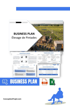 Pack Business Plan pour Élevage de Pintades - Modèle de business plan professionnel pour Élevage de Pintades, spécialement conçu pour les entrepreneurs, incluant un prévisionnel financier 100% automatisé, une stratégie marketing intégrée, ainsi qu’une analyse complète (SWOT, Business Model Canvas, étude de marché et analyse des risques). Ce document au design moderne et entièrement personnalisable sous Word est structuré pour répondre aux exigences des banques et des investisseurs, tout en permettant un gain de temps considérable grâce à son contenu pré-rédigé.
